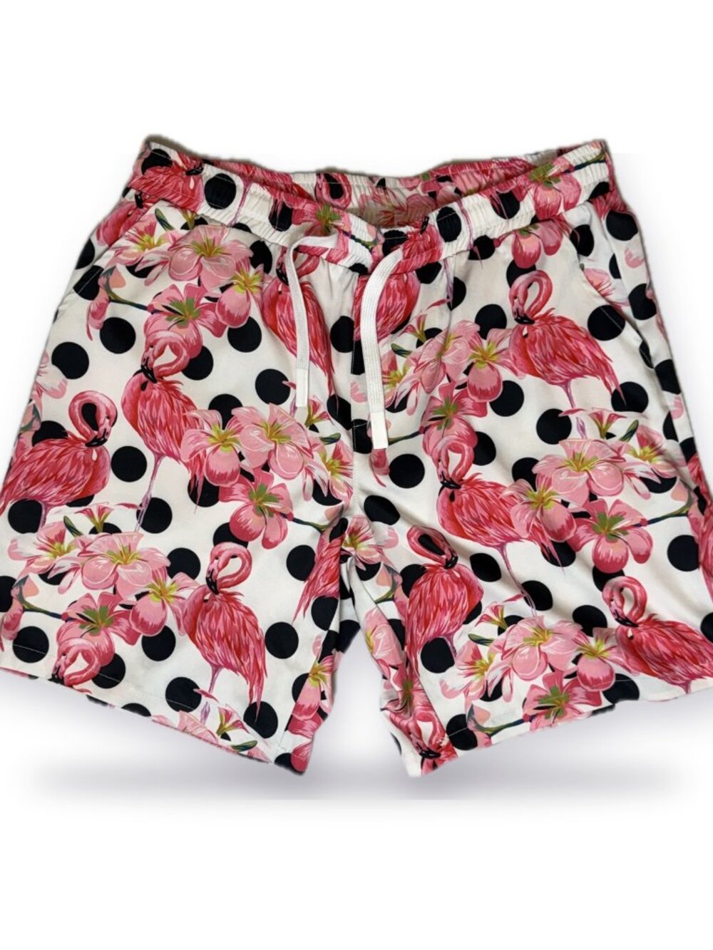 JOGAL Men's Flamingo Polka Dot Beach Shorts Pink White Tropical Hawaiian L
